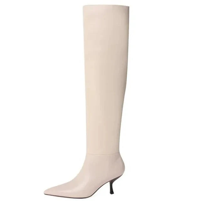 Pleated Leather Knee-High Stiletto Boots
