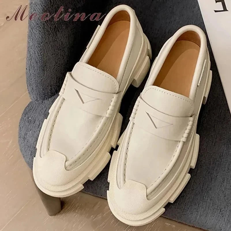 Genuine Leather Block Heel Loafers