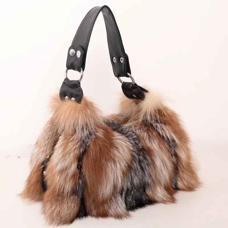 Fox Fur Leather Handbag – Multicolor Crossbody Shoulder Bag