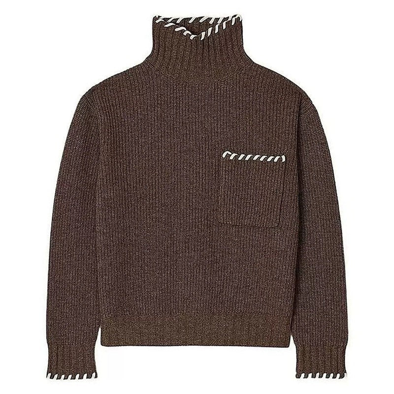 Wool Blend High Neck Knit Top with Hand-Stitched Trim