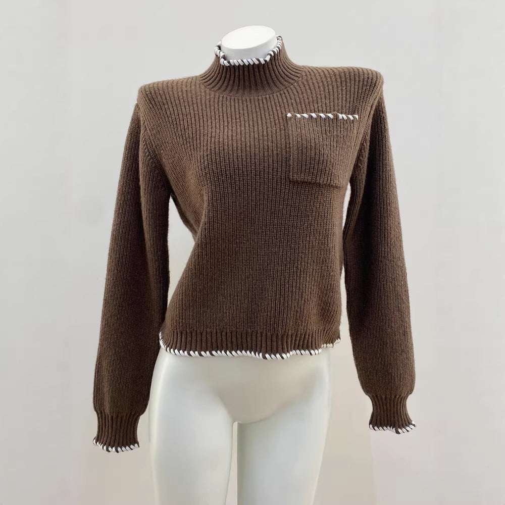 Wool Blend High Neck Knit Top with Hand-Stitched Trim
