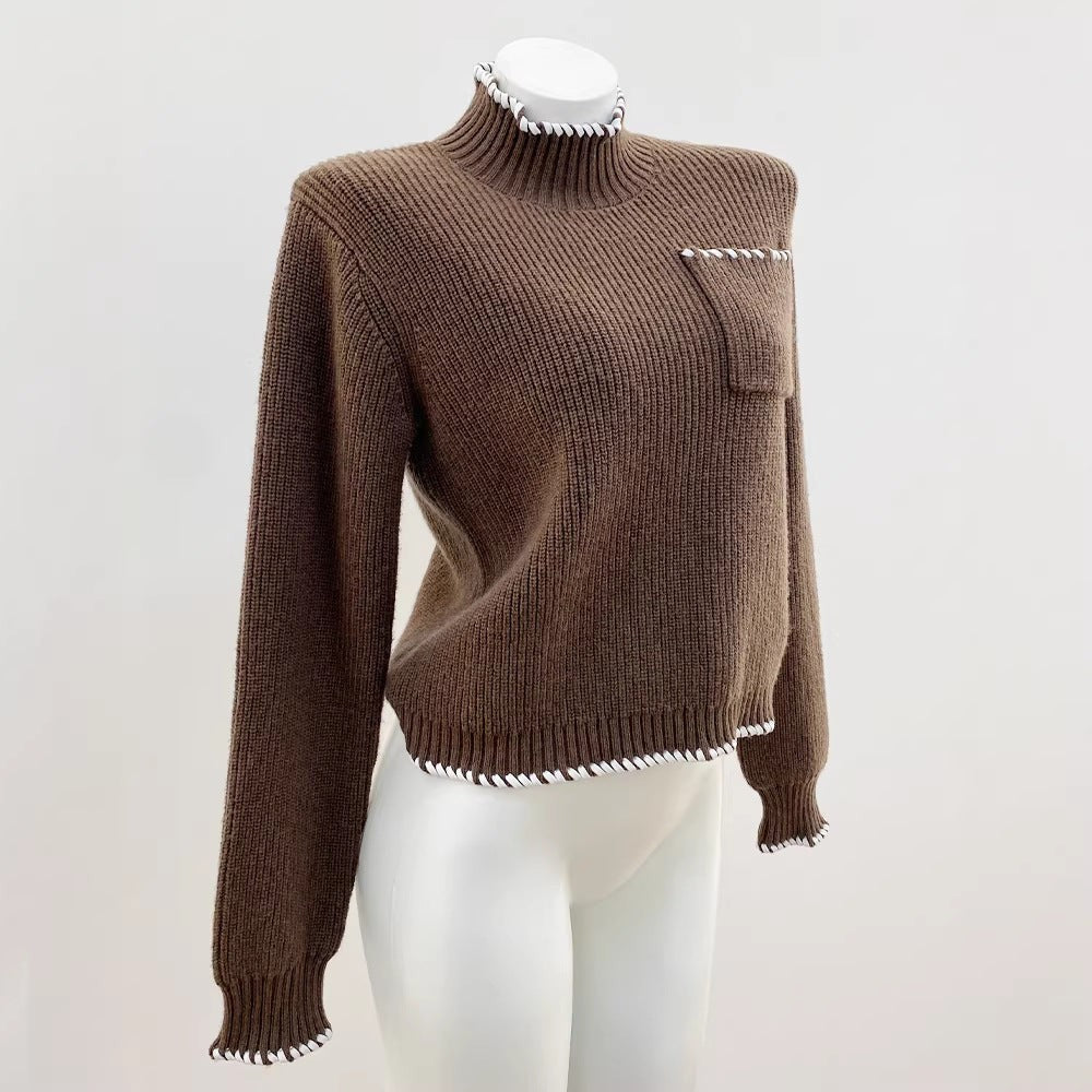 Wool Blend High Neck Knit Top with Hand-Stitched Trim