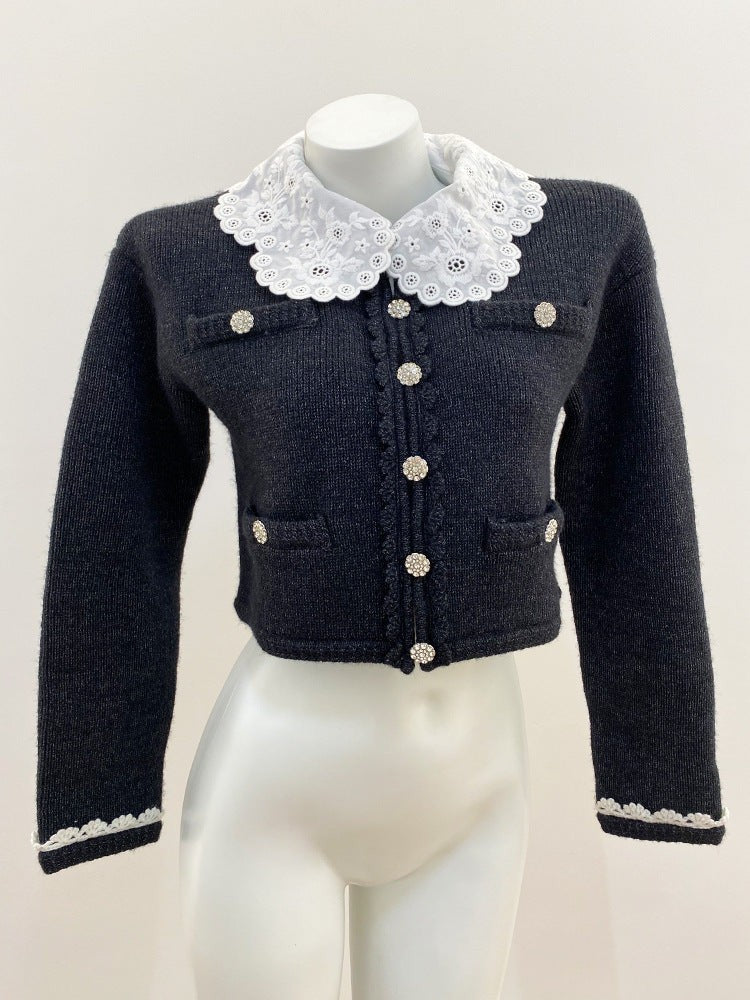 Lace-Trimmed Peter Pan Collar Knit Sweater