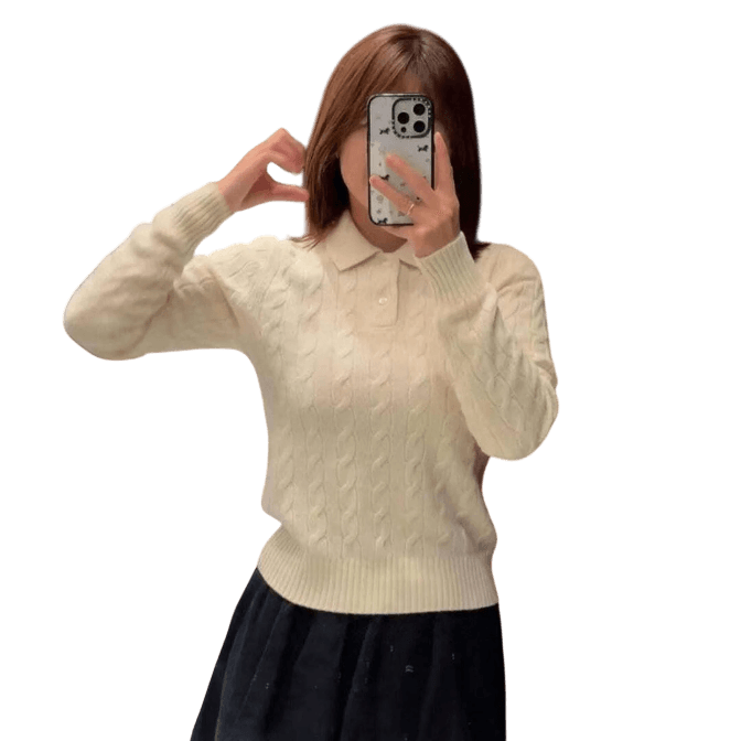 Cable Knit Wool Polo Sweater