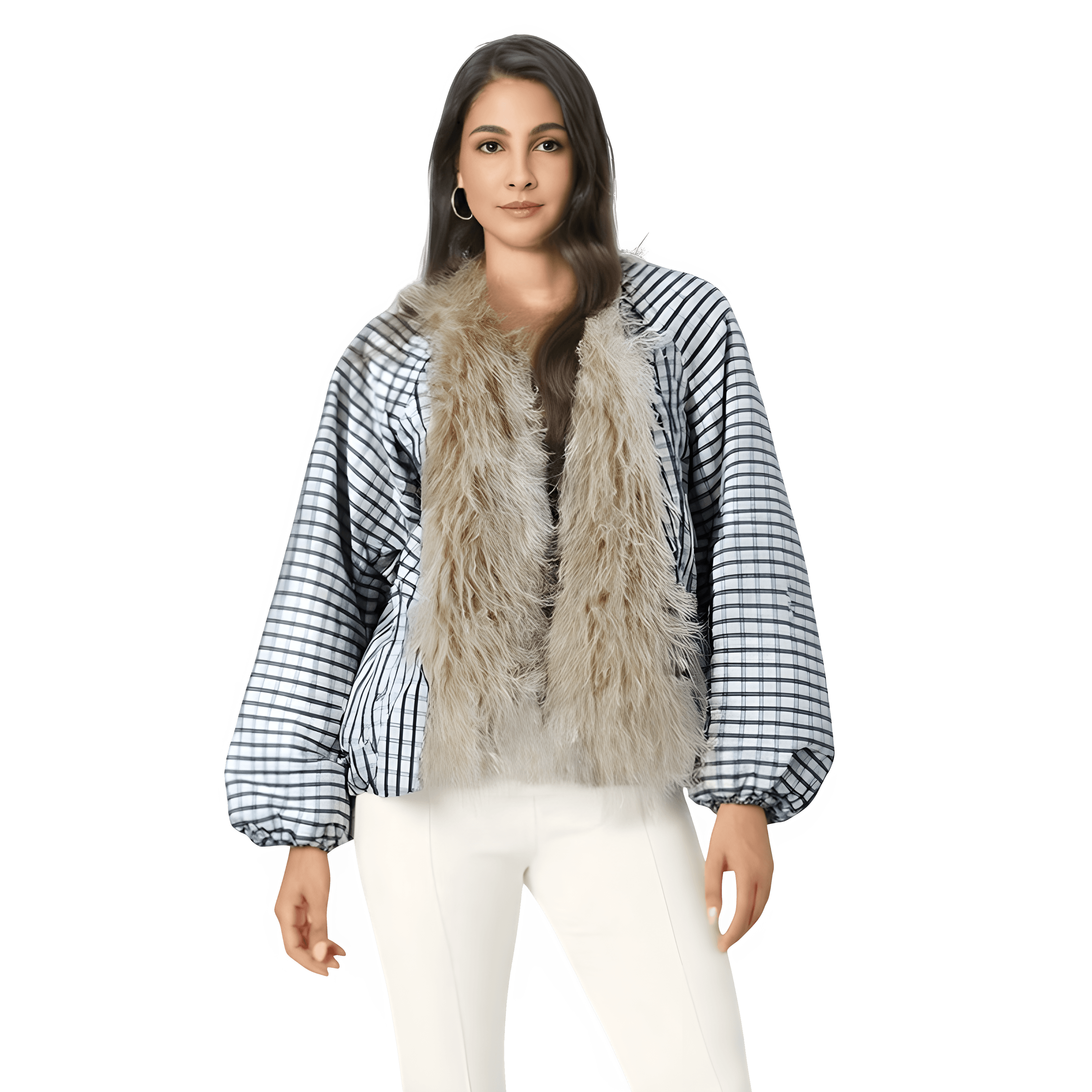 Checkered Fur-Collar Coat