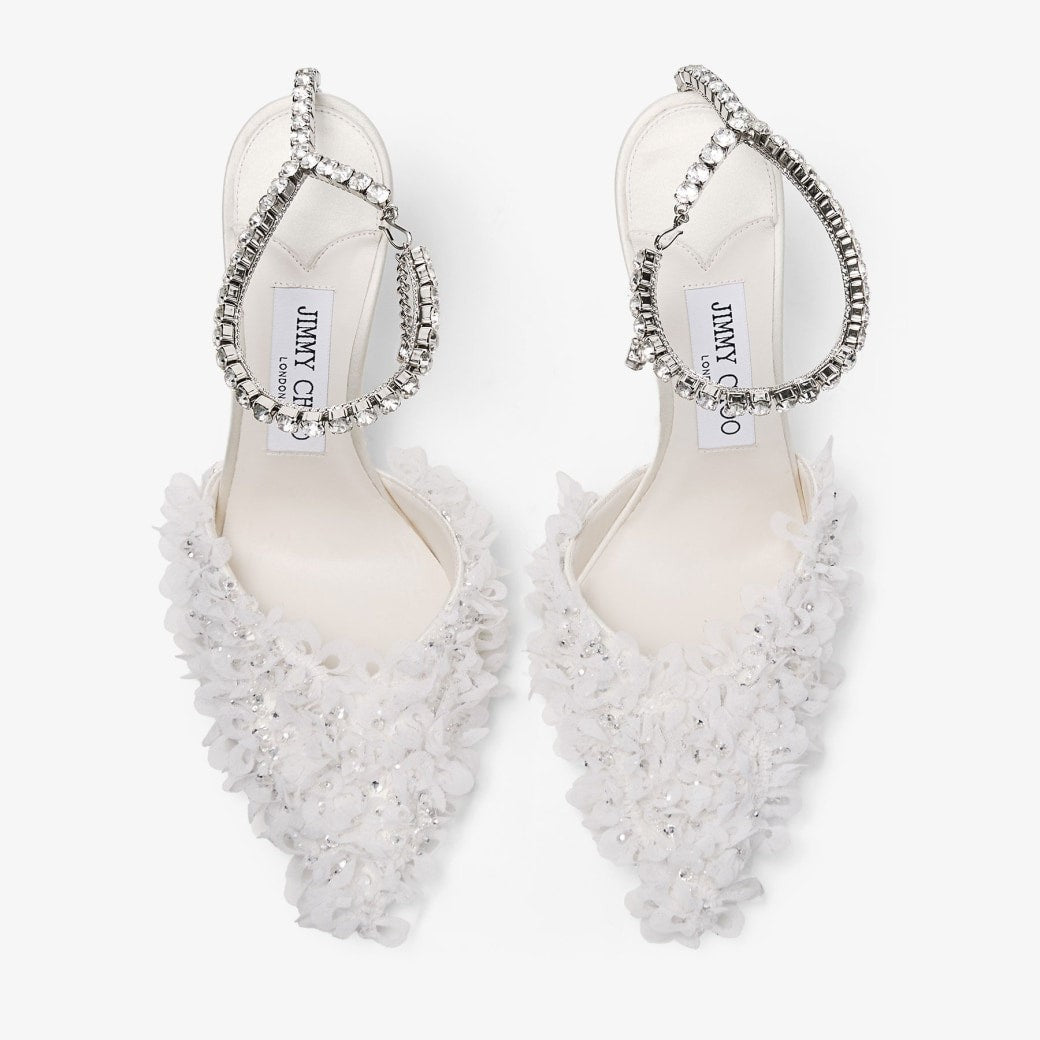 Jimmy Choo Saeda 100 Petal-Embroidered Mesh Pumps in Ivory