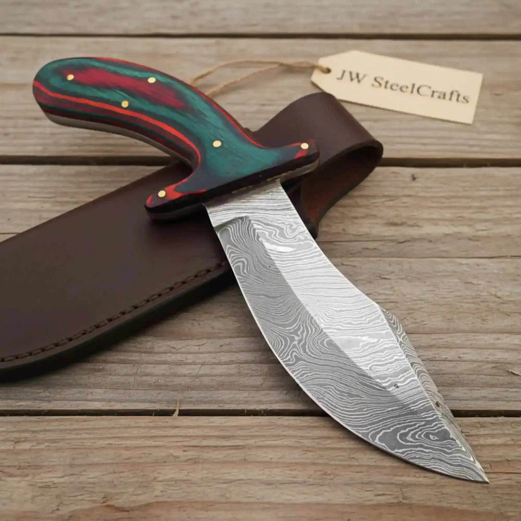 Handmade Damascus Upswept Skinner Knife with Multi-Color Pakka Wood Handle