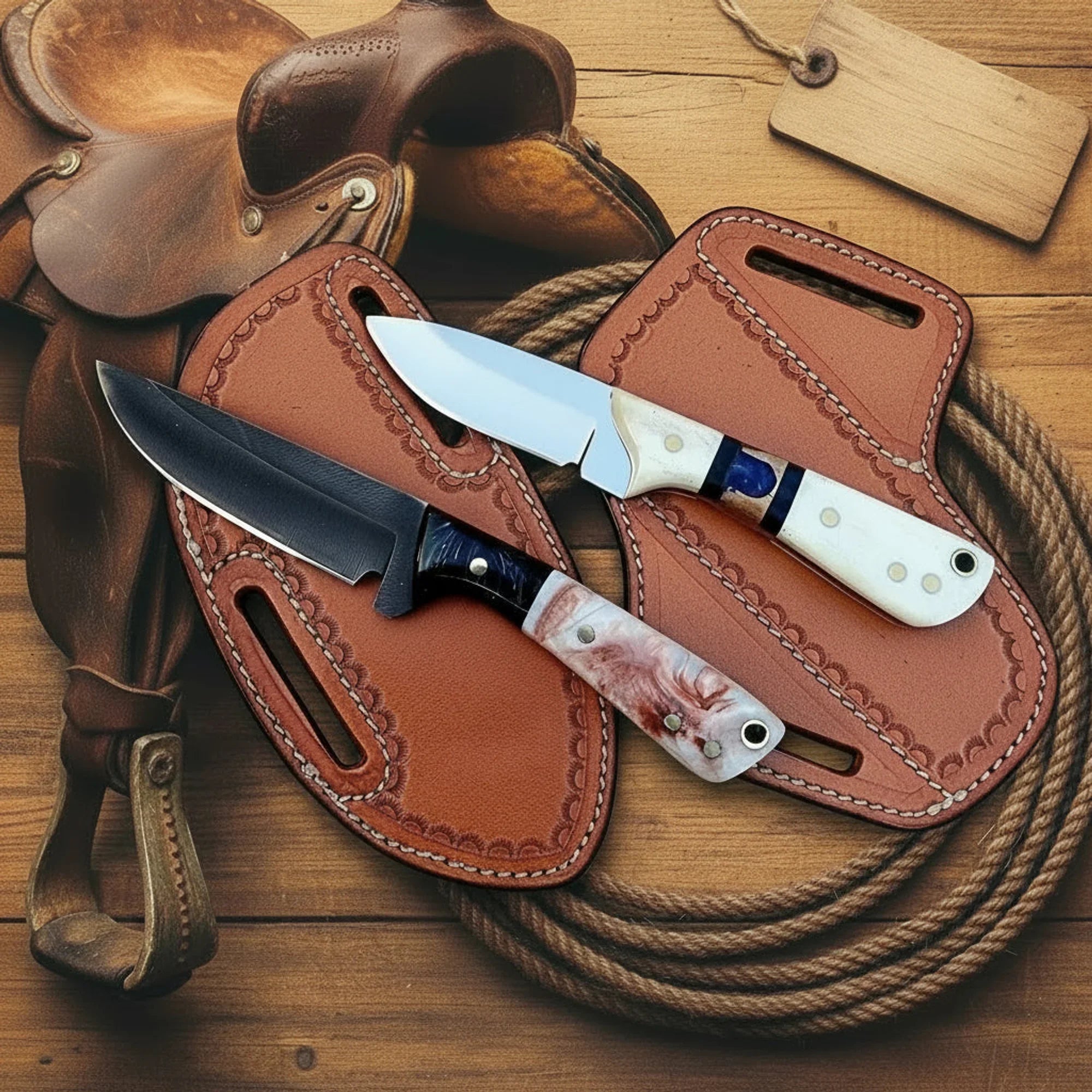Ivory Trail Skinner Set of 2 Polished Acid Washed Blade Multi Resin Handle Full Tang