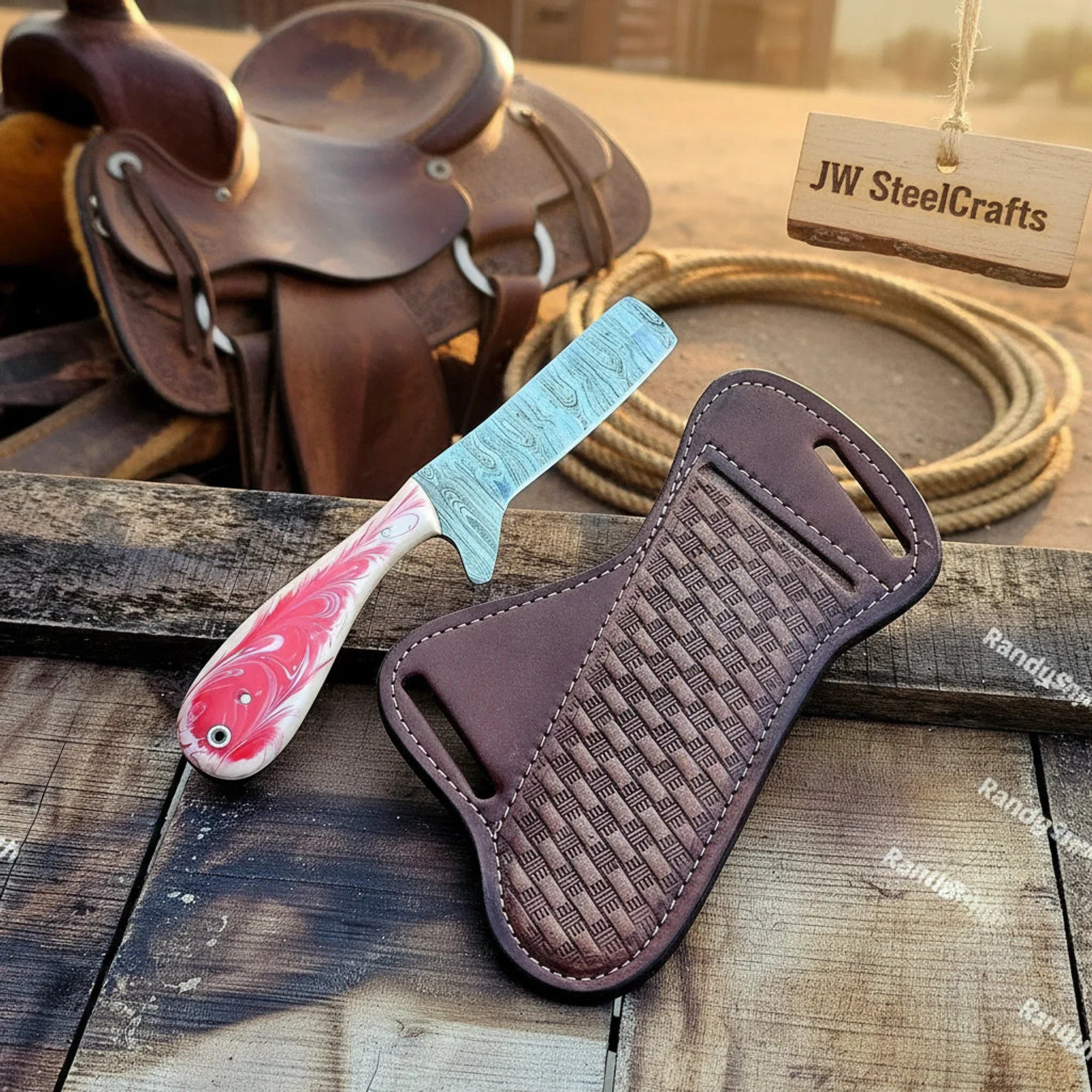 Damascus Pancake Holster Knife 7.5" Pakka Wood Handle Western Pancake Sheath