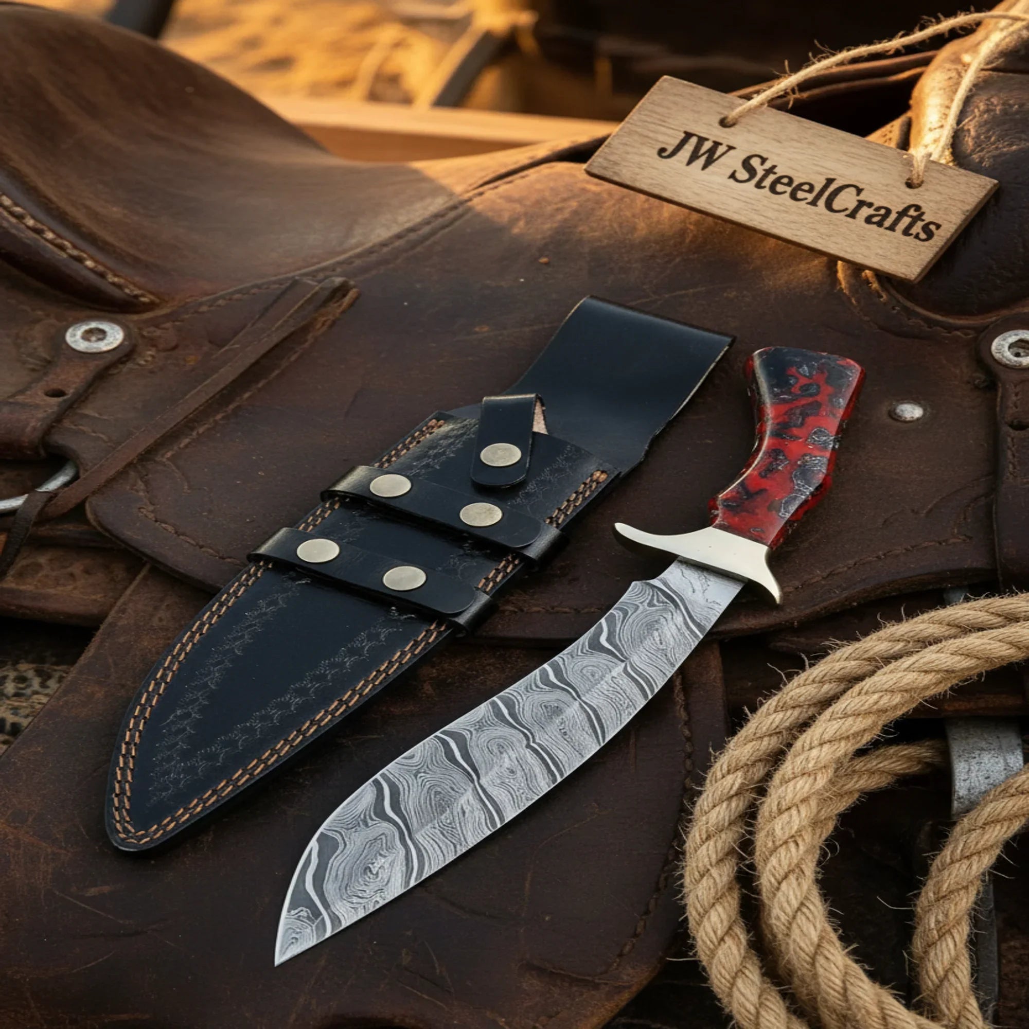 Red Swirl Resin Damascus Kukri Knife – Recurve Blade Black and Red Resin Handle