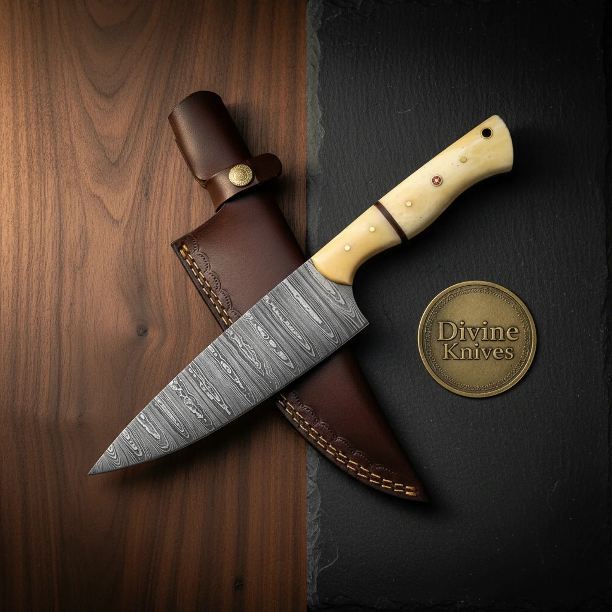 White Bone Handle Chef Knife with Camel Bone for Everyday Kitchen Use