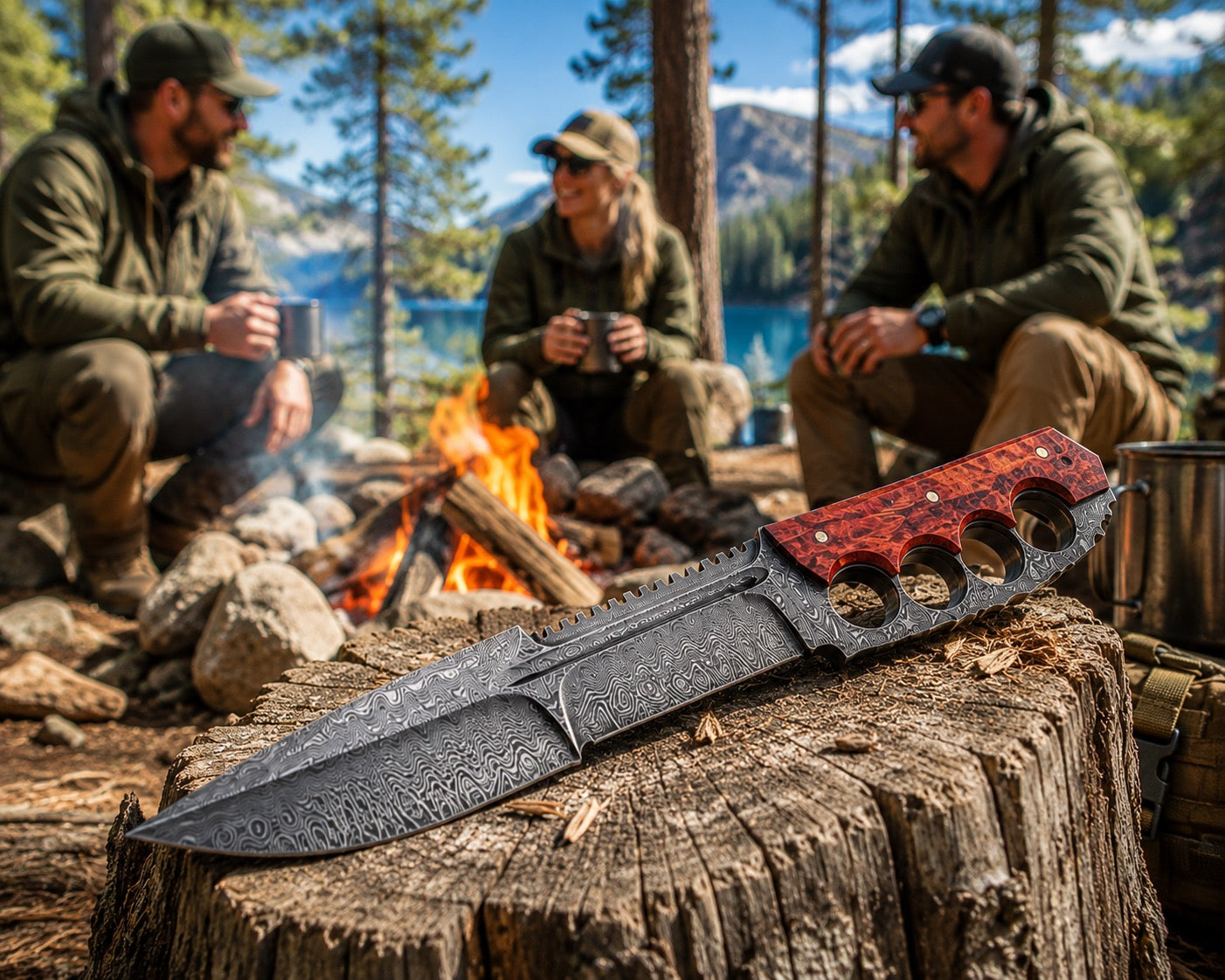 Damascus Tactical Knuckle Knife — Handmade Full Tang with Custom Leather Sheath