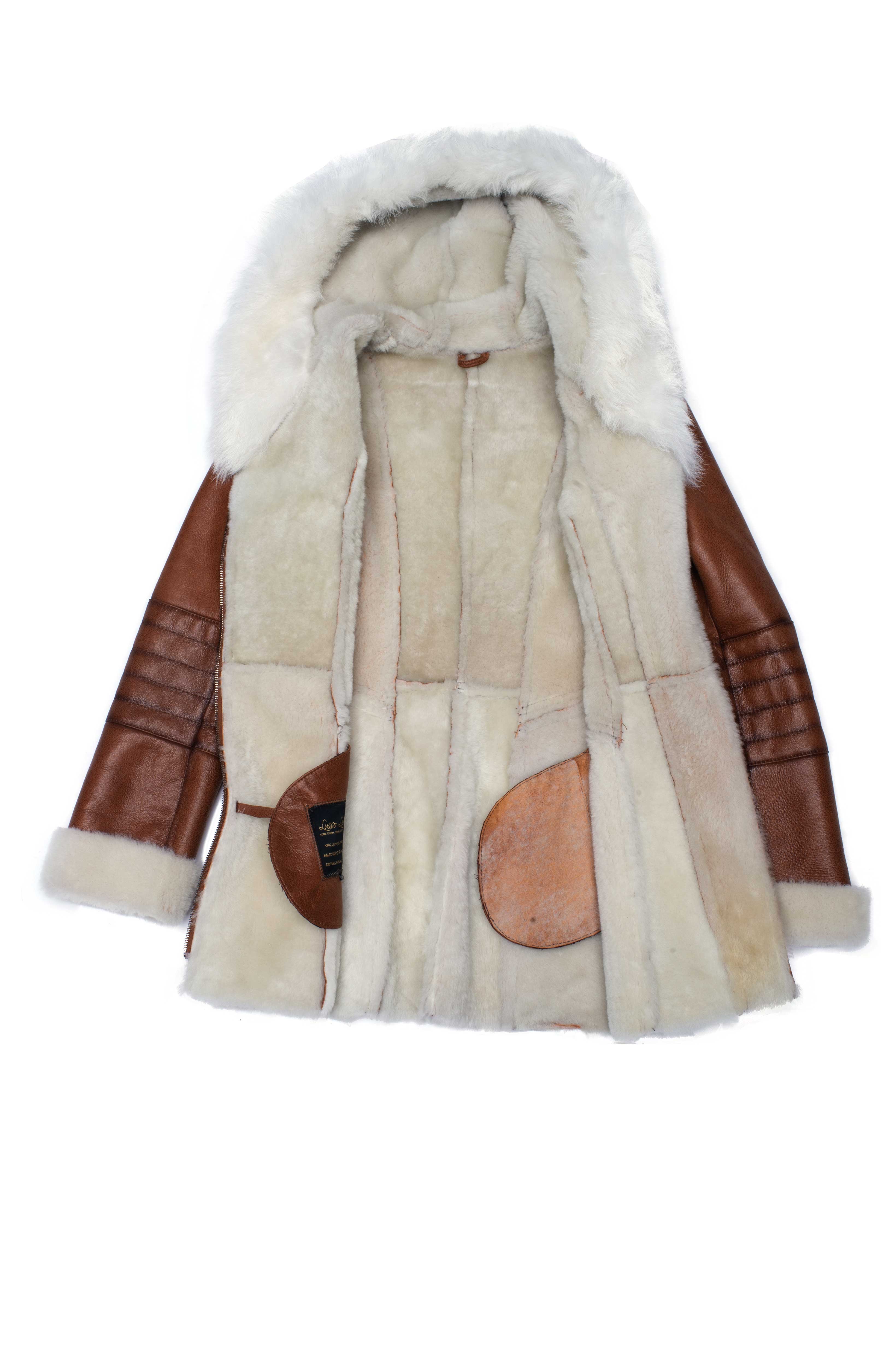 Ayvas Tan Shearling Coat with Fox Fur Trim Hoodie