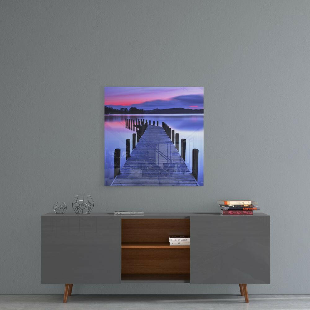 Pink Twilight Lake Jetty Pilings Glass Wall Art