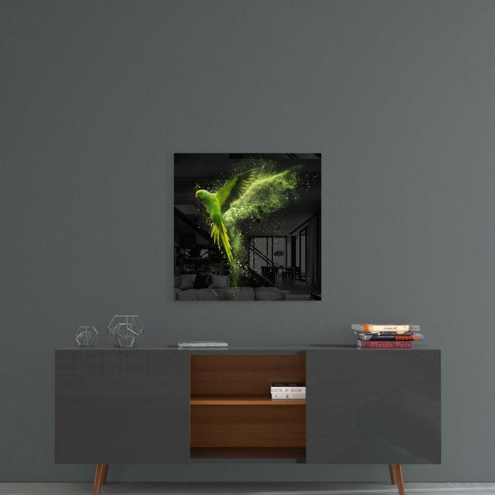 Green Parrot Powder Burst Glass Wall Art