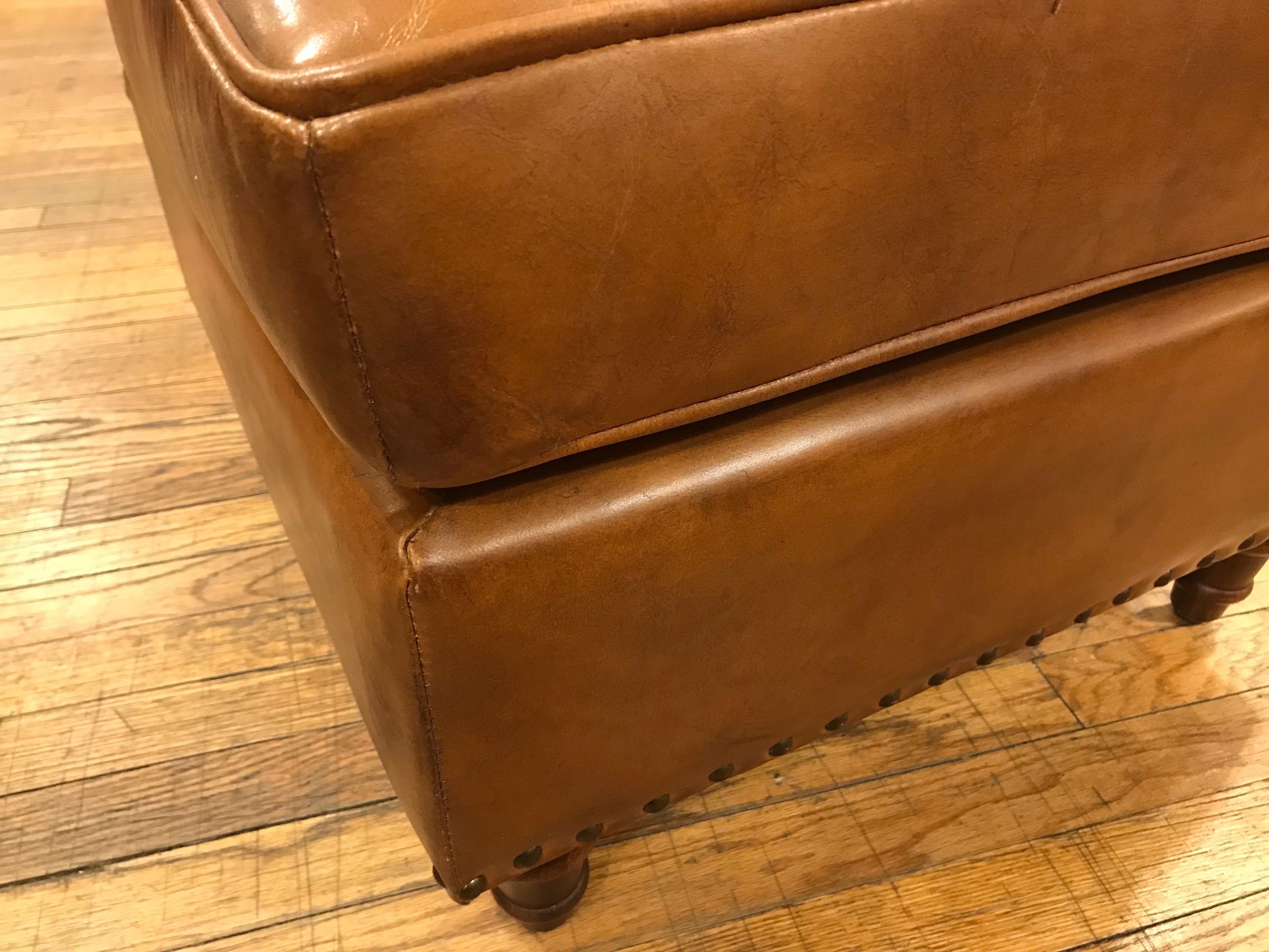 English Stationary Leather Ottoman - Light Brown