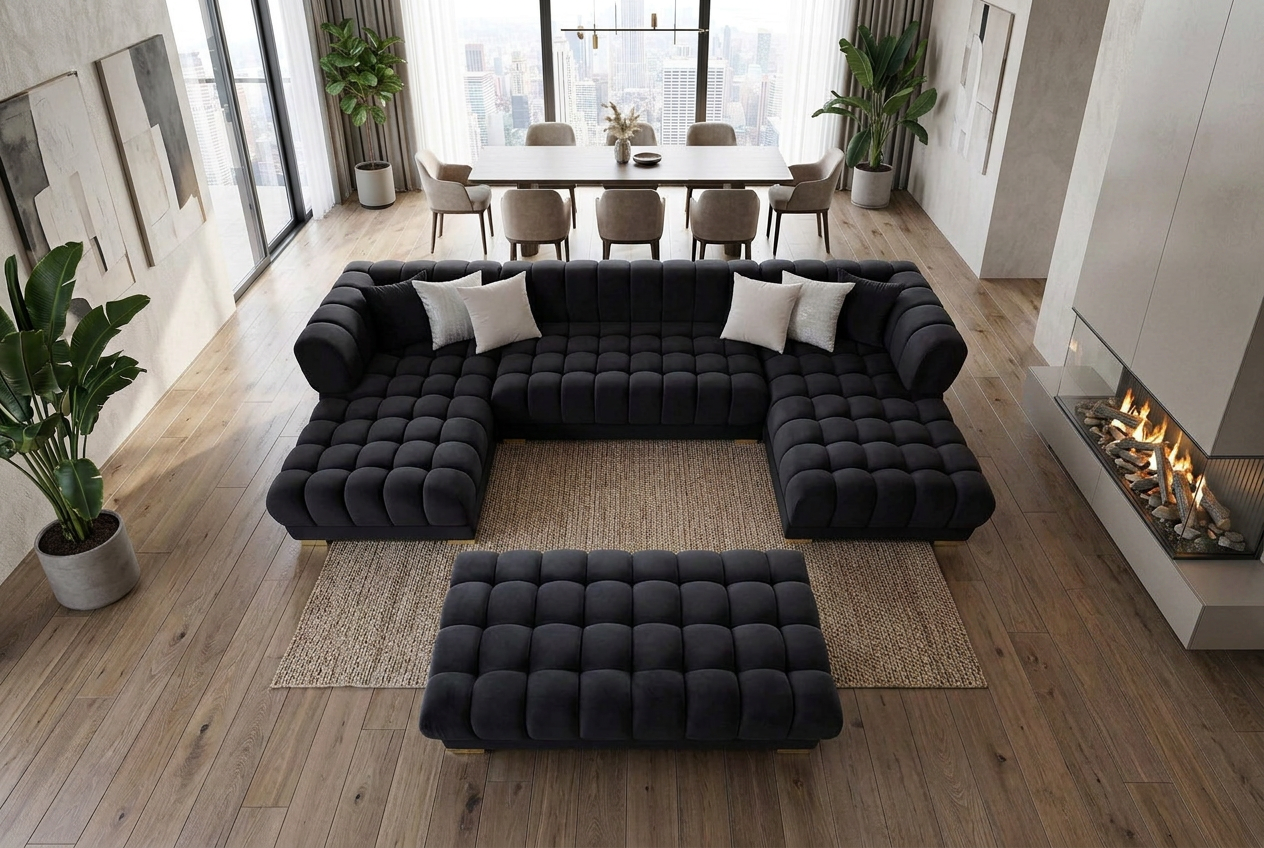 Lipa Black Velvet Double Chaise "U" Shape Sectional Sofa