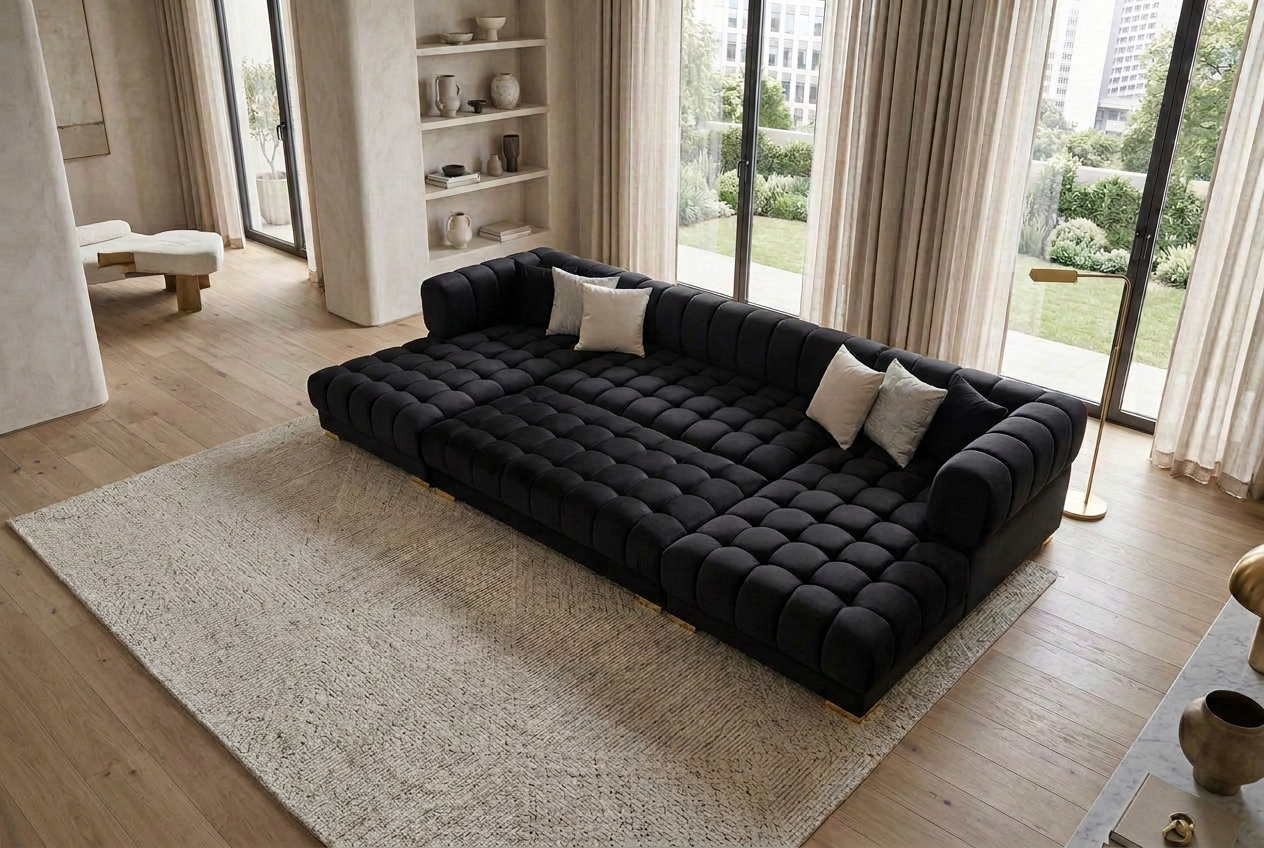 Lipa Black Velvet Double Chaise "U" Shape Sectional Sofa