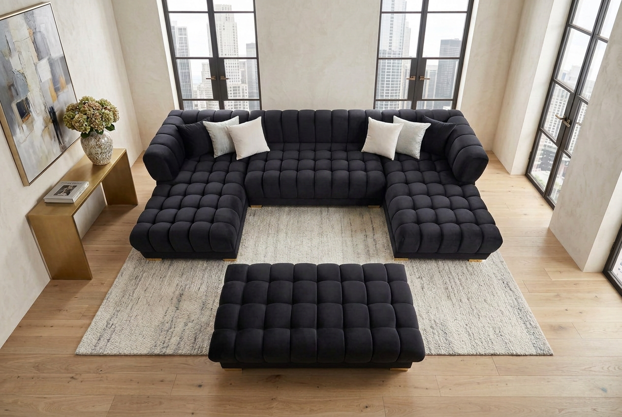 Lipa Black Velvet Double Chaise "U" Shape Sectional Sofa