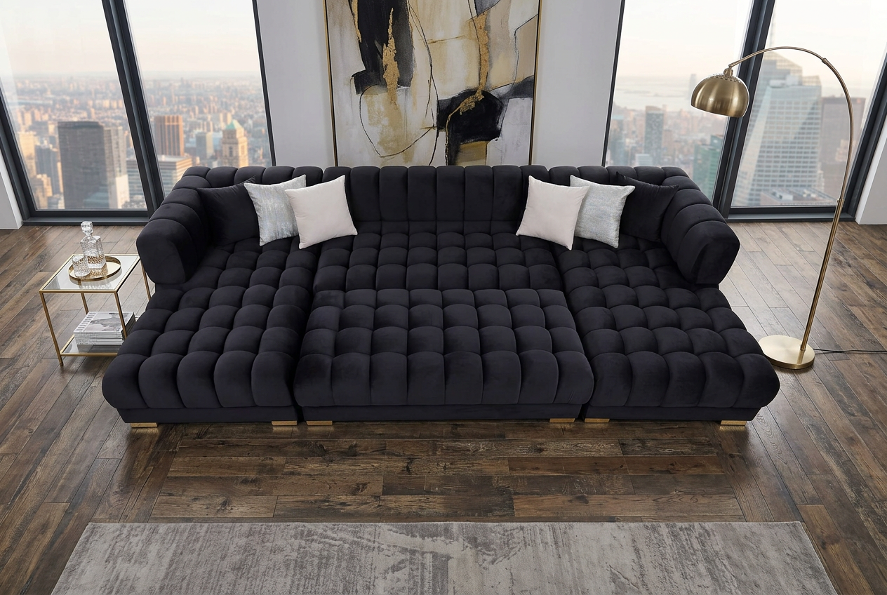 Lipa Black Velvet Double Chaise "U" Shape Sectional Sofa