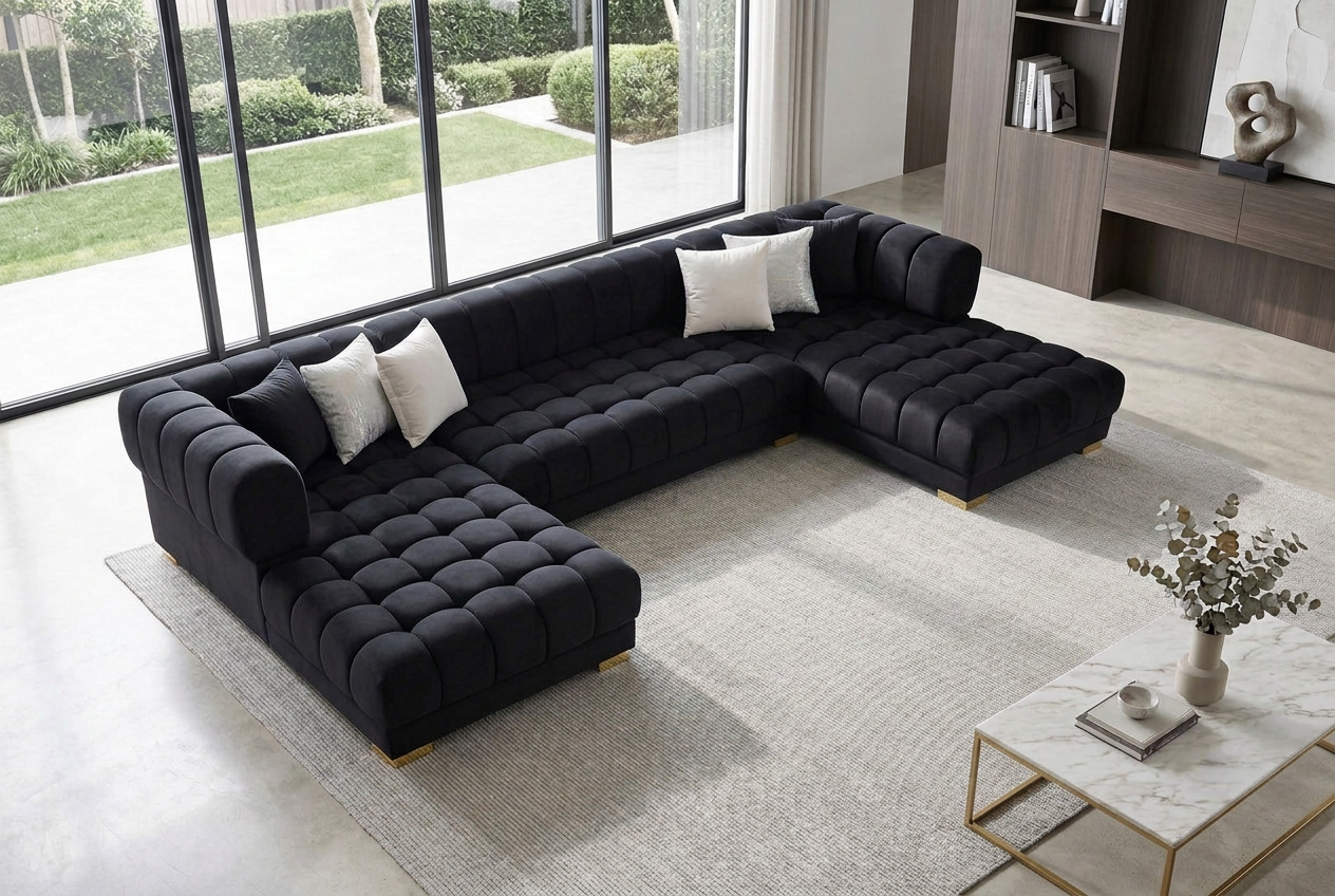Lipa Black Velvet Double Chaise "U" Shape Sectional Sofa