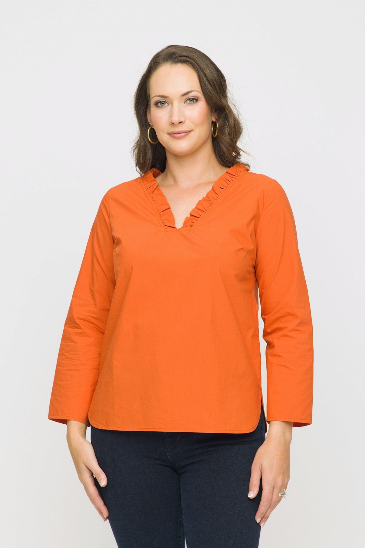 3/4 Sleeve Ruffle V Tunic