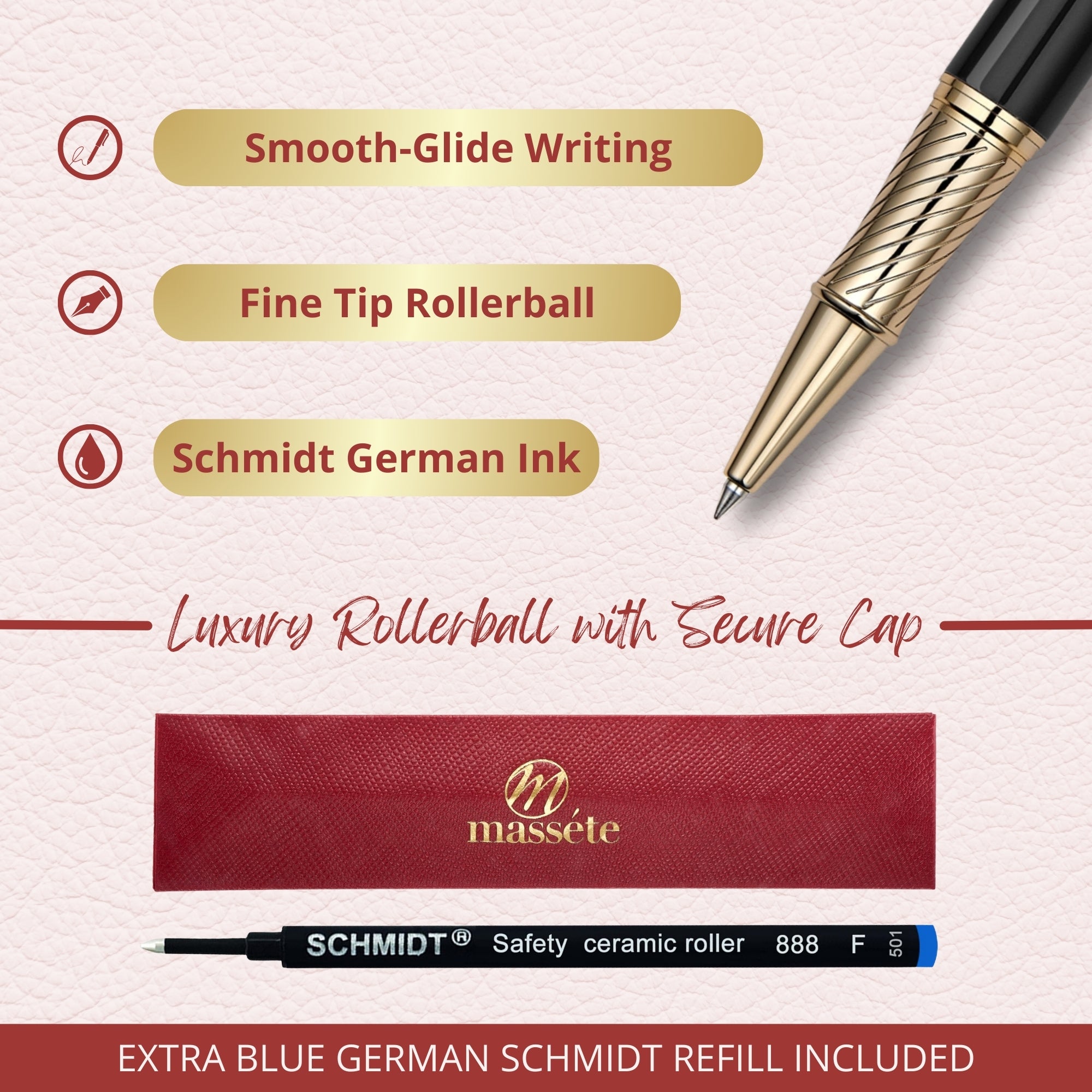 Massete Venero Executive Classic Luxury Rollerball Pen, Glossy Black, Red, or Blue with 23K Gold Plated Trim, Removable Cap, Engravable, Presented in Gift Box, Extra Refill Included, Fine Tip, Black or Blue Ink