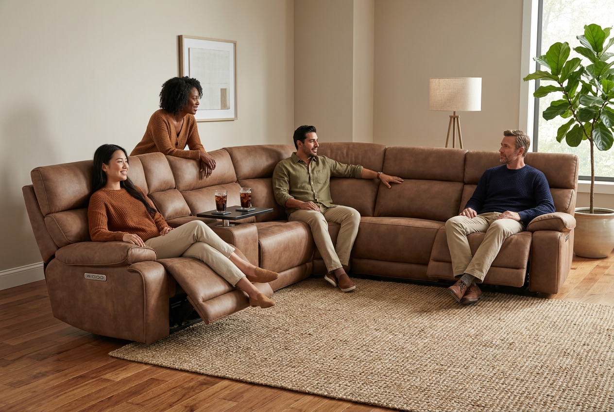 MaxView Media Mocha 6-Piece Power Reclining Sectional with Immersive Sound System
