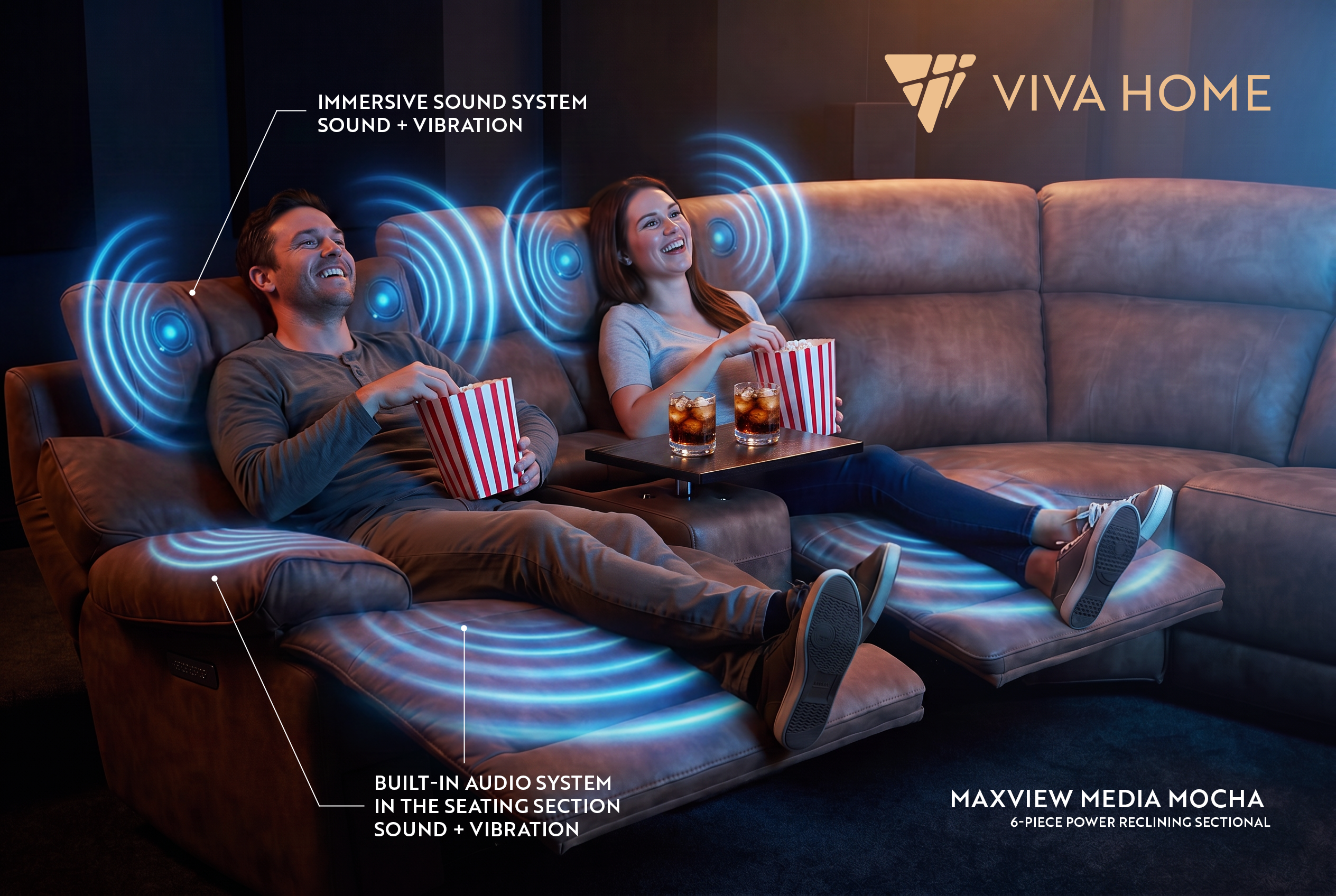 MaxView Media Mocha 6-Piece Power Reclining Sectional with Immersive Sound System