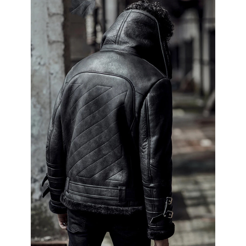 Men’s Double Collar Black B3 Flight Airforce Shearling Aviator Sheepskin Leather Jacket
