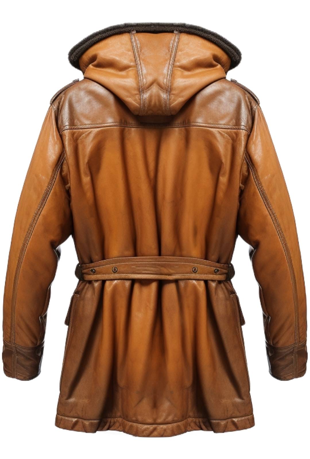 Men’s Vintage Hooded Fur Leather Coat – Classic Tan Brown Outerwear