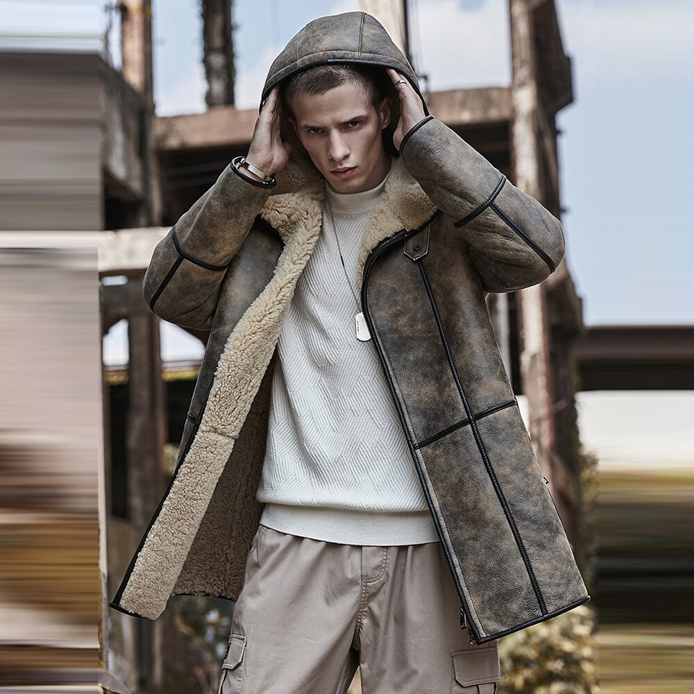 Men’s B7 Hooded RAF Aviator Sheepskin Flying Fur Shearling Jacket Coat