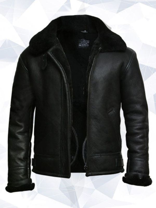 Men’s Black Aviator B3 Real Shearling Sheepskin Leather Bomber Flying Pilot Jacket