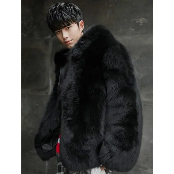 Men’s Black Mink Short Fox Fur Hooded Coat Jacket