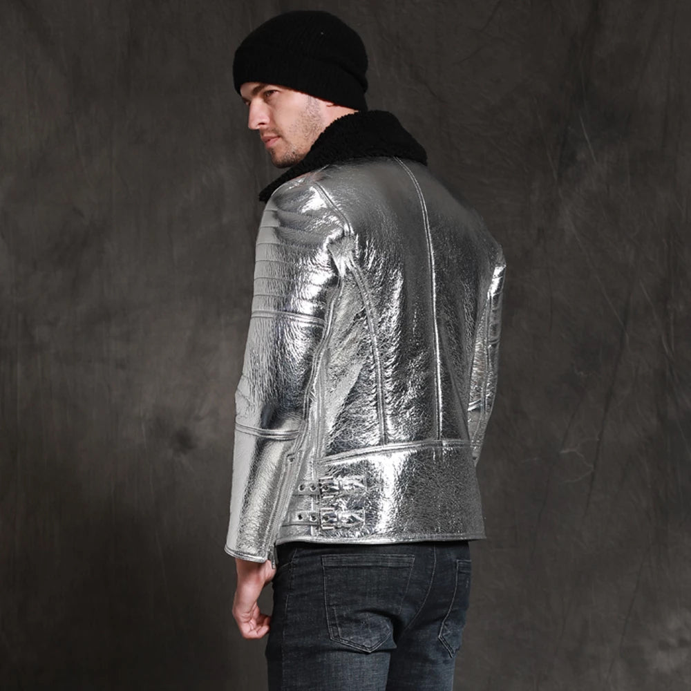 Men’s Aircraft Pilot Shiny Sheepskin Shearling Silver Leather Jacket