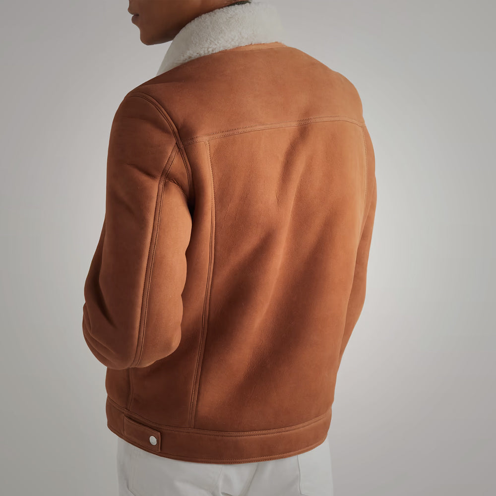 Men’s Brown Suede Leather Shearling Trucker Jacket