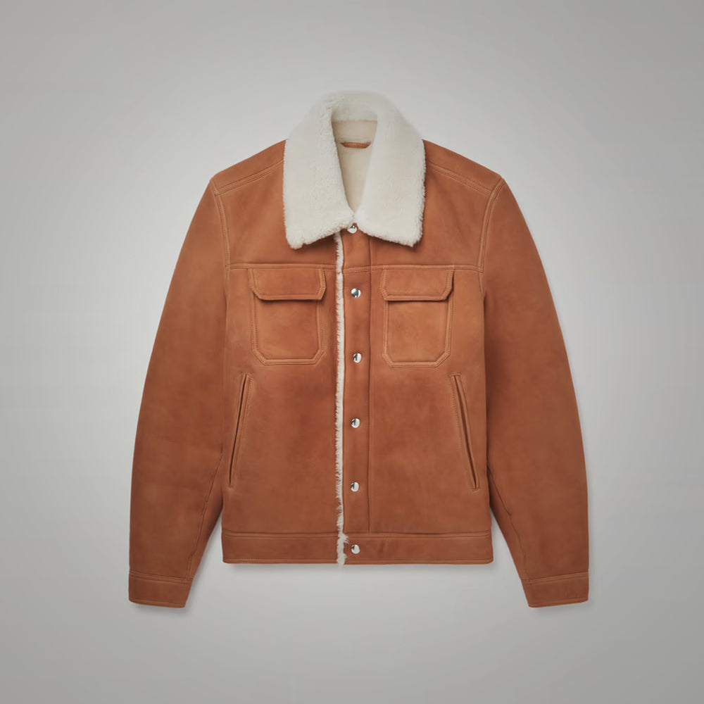 Men’s Brown Suede Leather Shearling Trucker Jacket