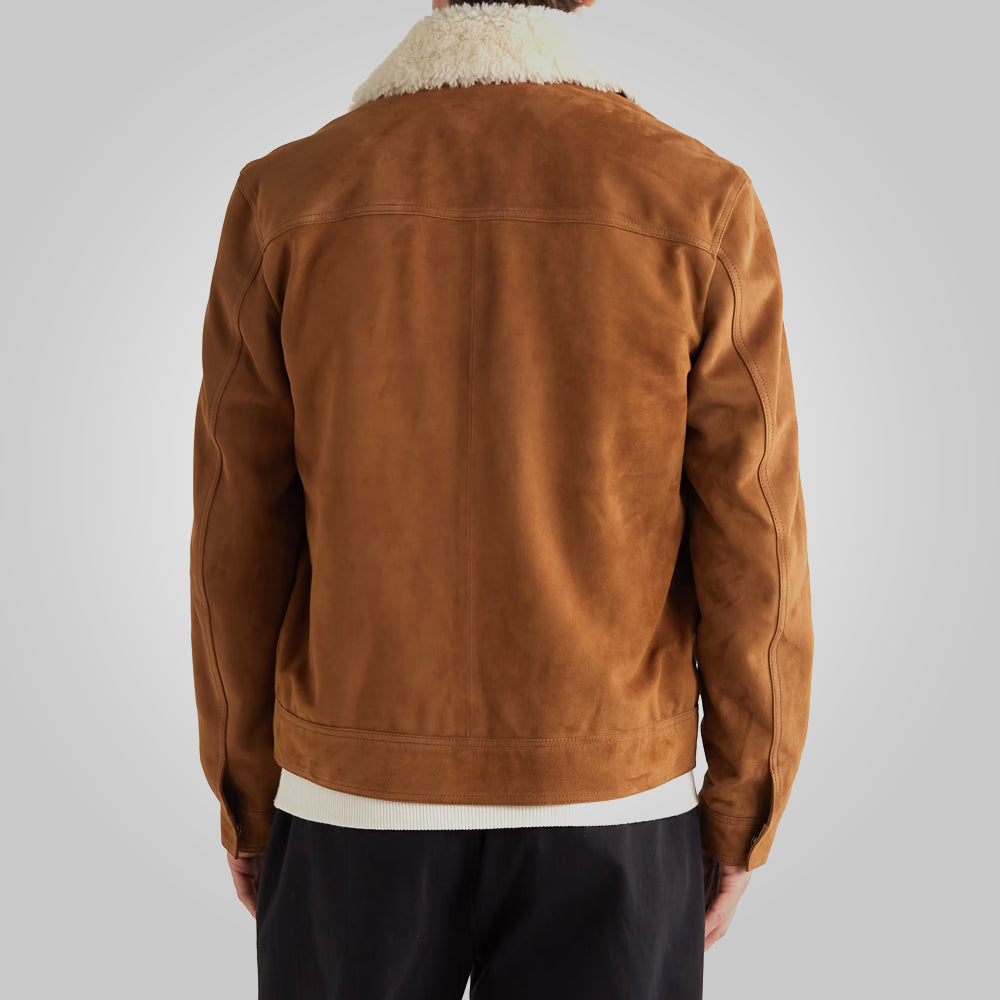 Men’s Fur Collar Brown Suede Leather Trucker Jacket