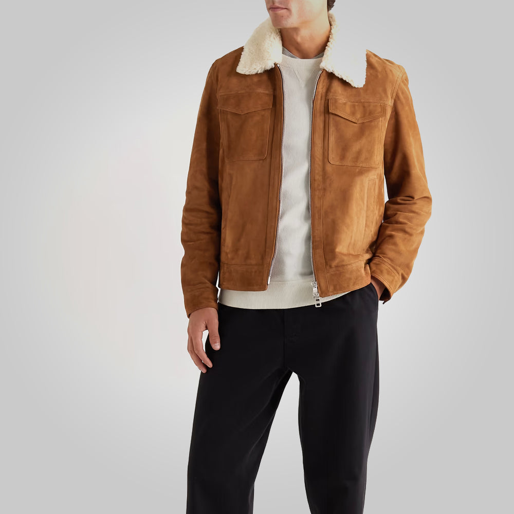 Men’s Fur Collar Brown Suede Leather Trucker Jacket
