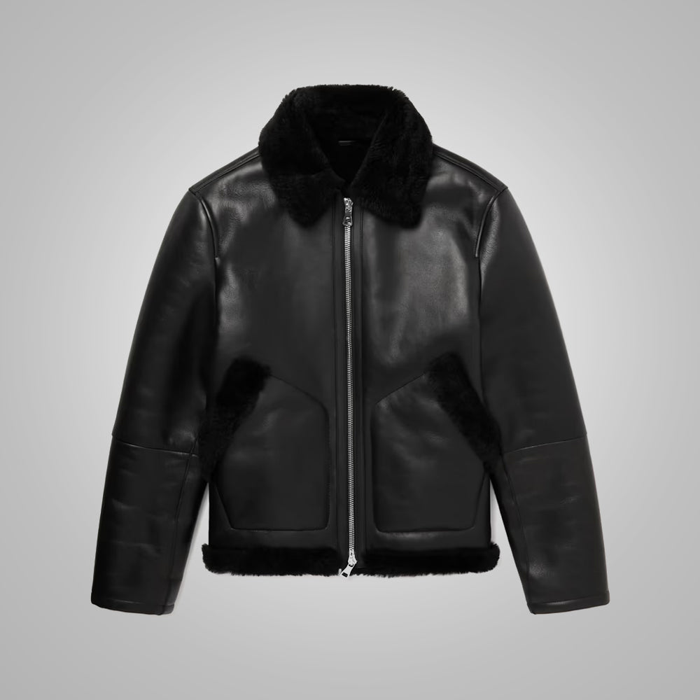 Men's Shearling Lined Leather Black Trucker Jacket