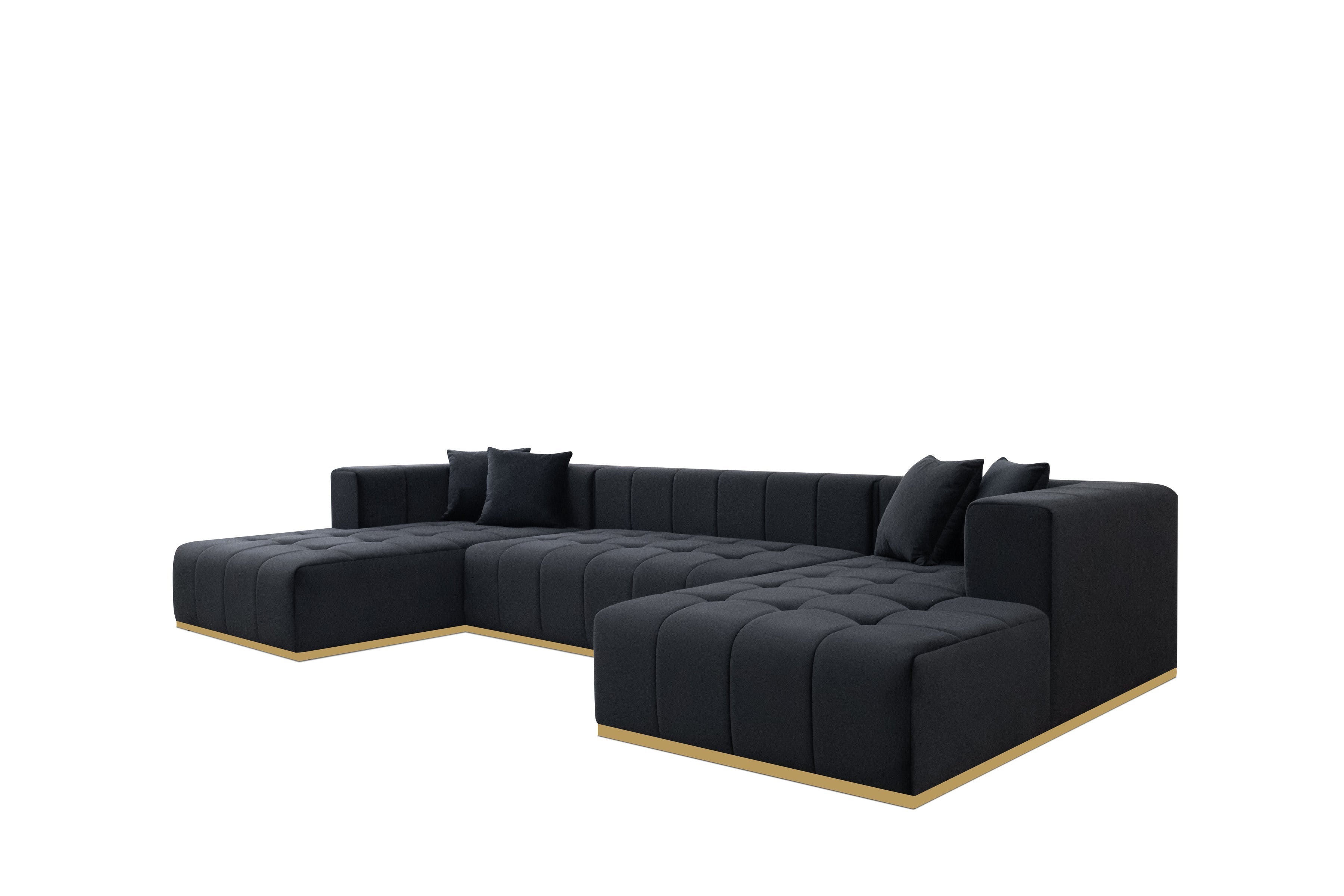 Montecito Black Velvet Double Chaise "U" Shape Sectional Sofa