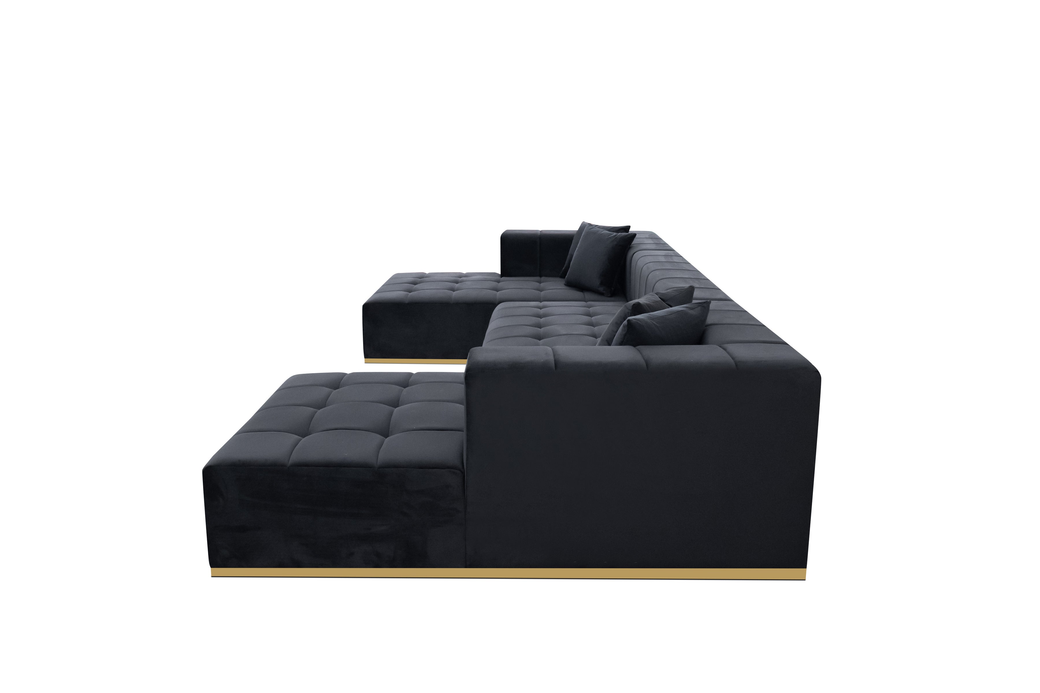 Montecito Black Velvet Double Chaise "U" Shape Sectional Sofa
