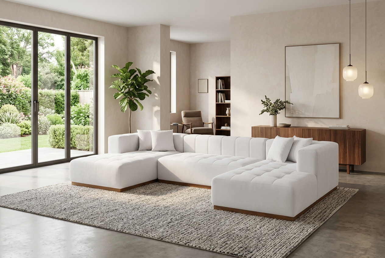 Montecito Ivory Velvet Double Chaise "U" Shape Sectional Sofa