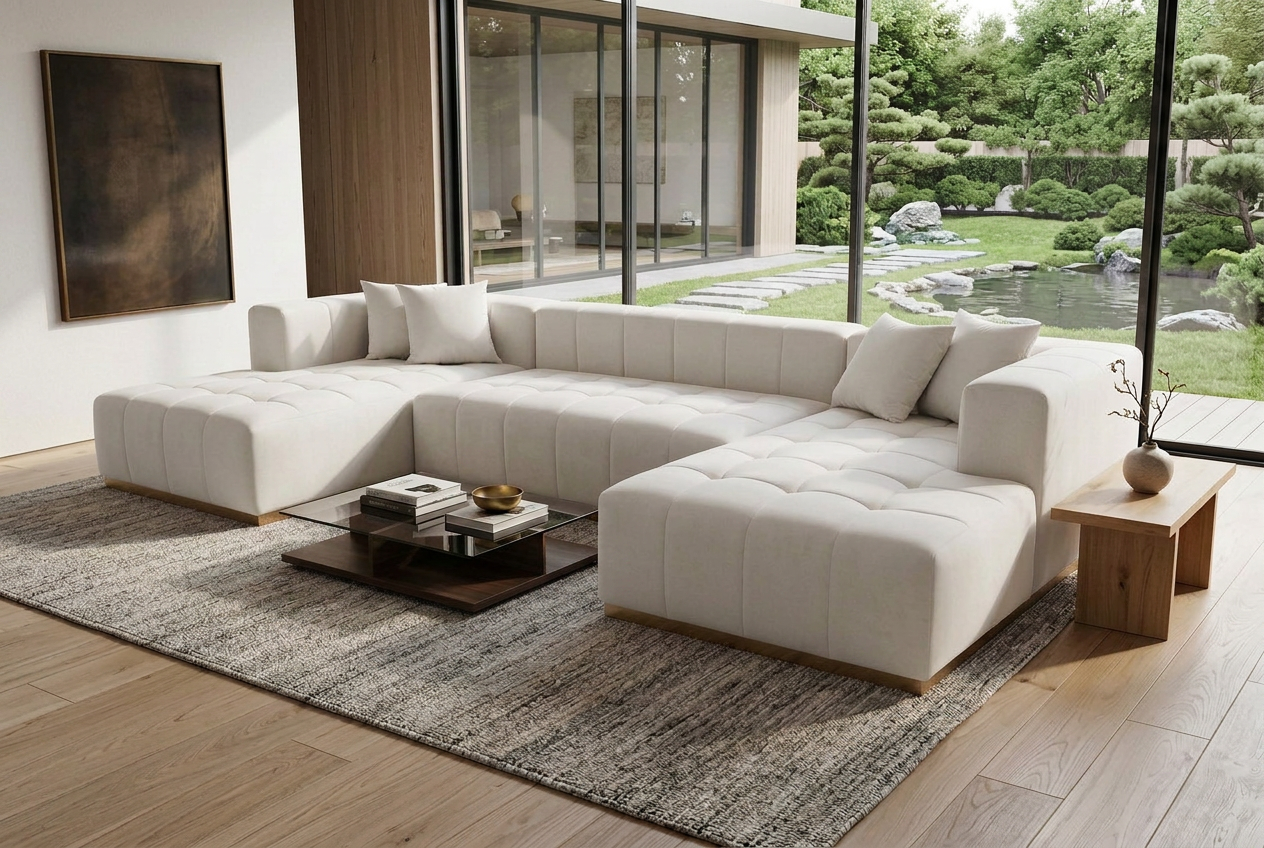 Montecito Ivory Velvet Double Chaise "U" Shape Sectional Sofa