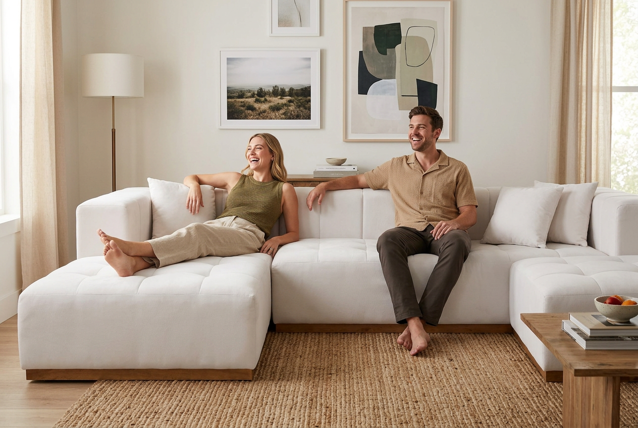 Montecito Ivory Velvet Double Chaise "U" Shape Sectional Sofa