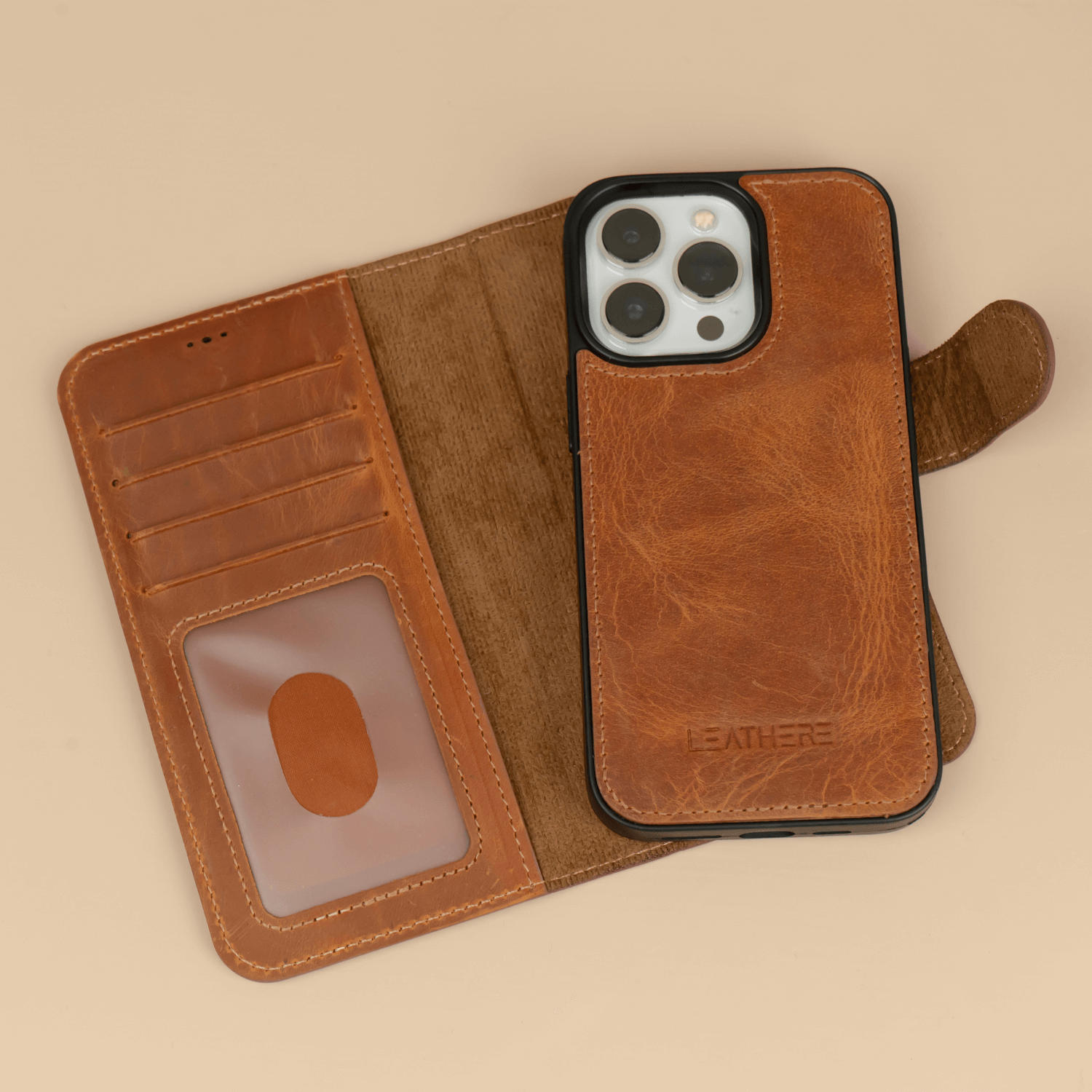 iPhone 16 Series Brown Leather Wallet Case - New York