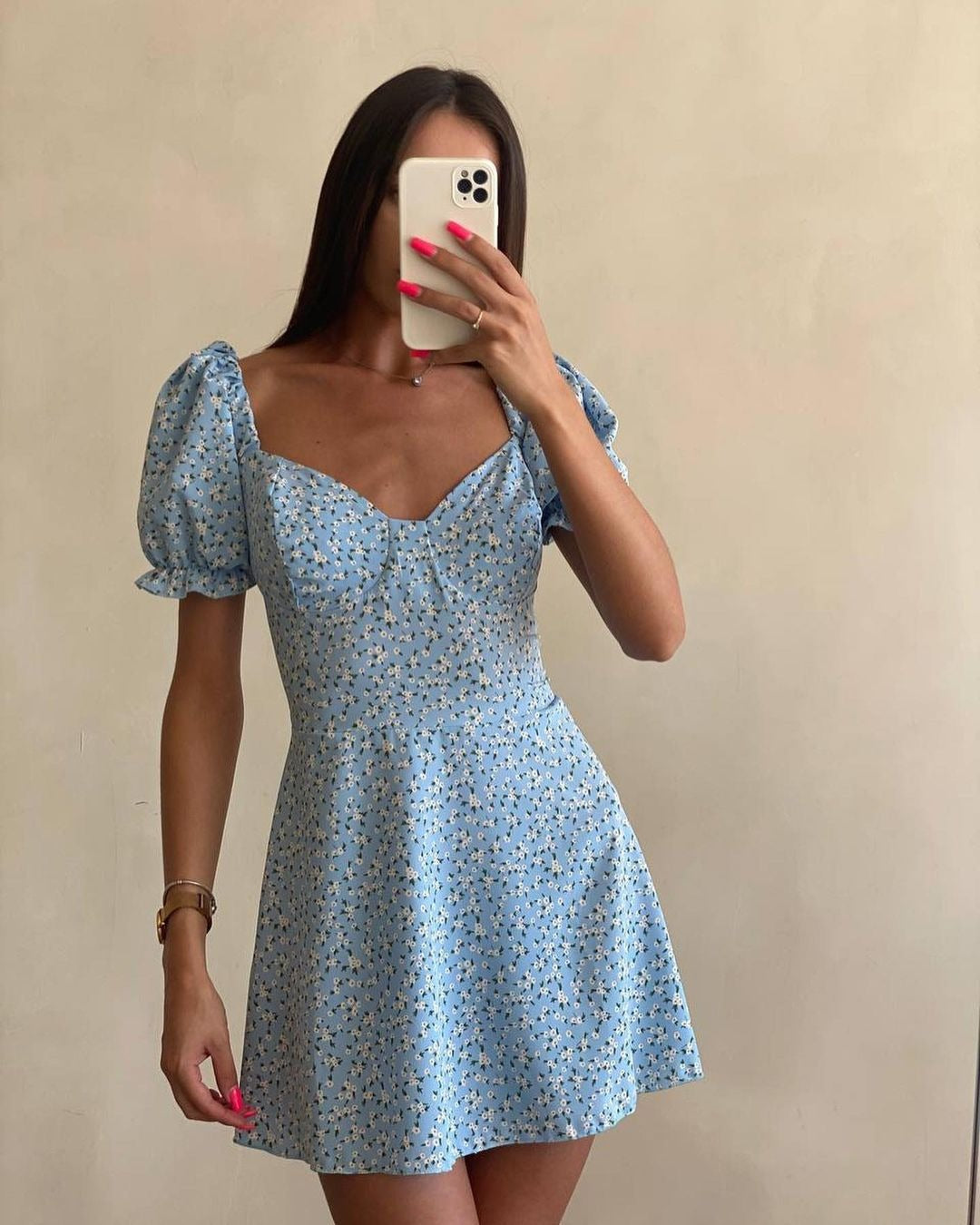 Spring Summer Wear Women Clothing Lace up Vintage Floral High Waist Puff Sleeve French Dress