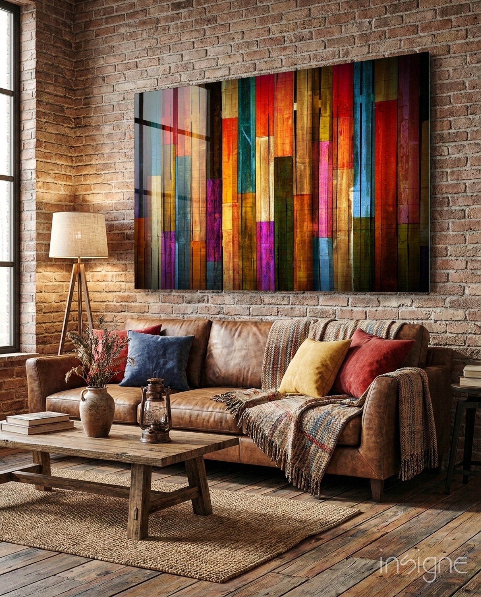 Vibrant Multicolor Wood Plank Stripes Glass Wall Art