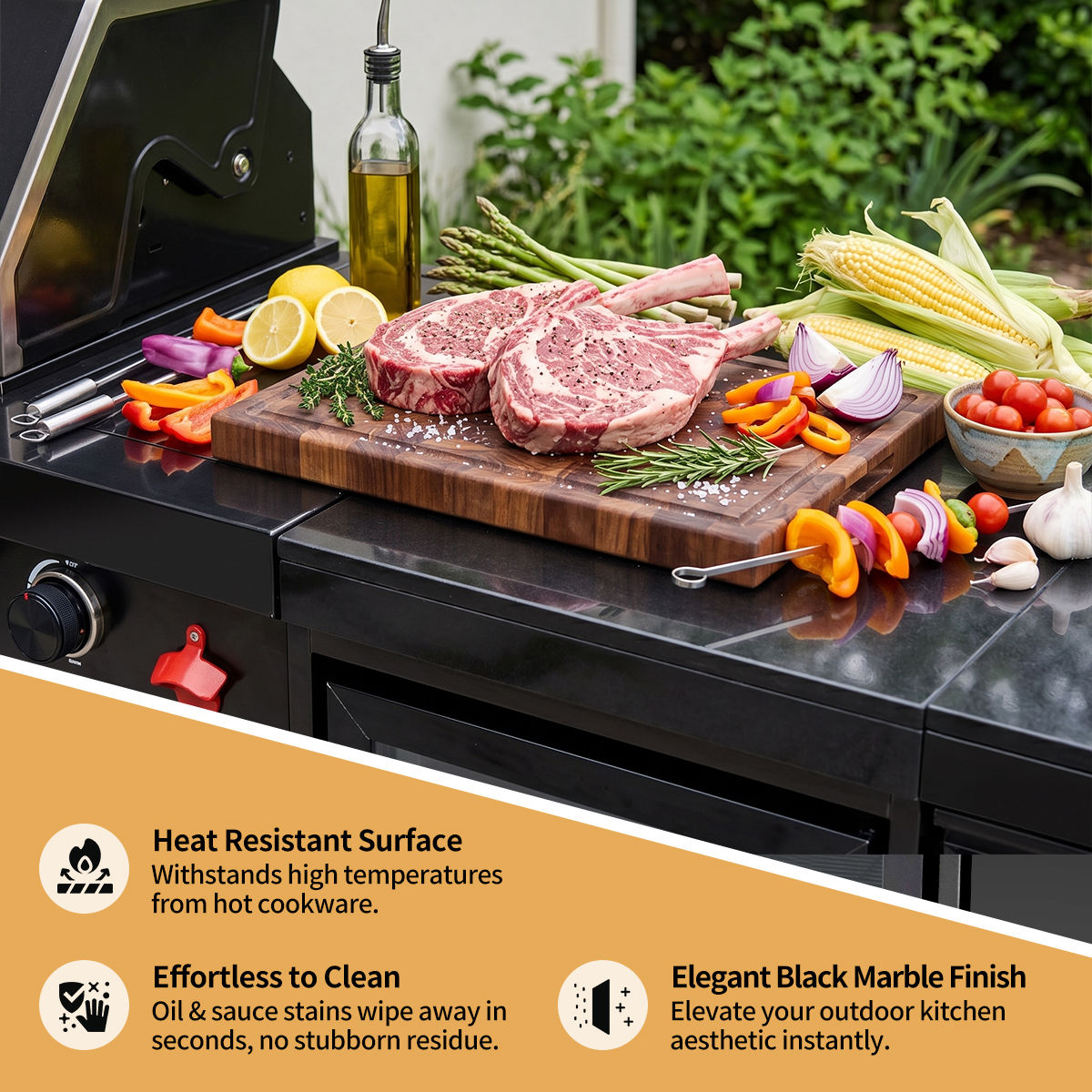 65" 4-Burner 72,000 BTU Black Outdoor Kitchen Island Grill Marble Countertops Wine Cooler