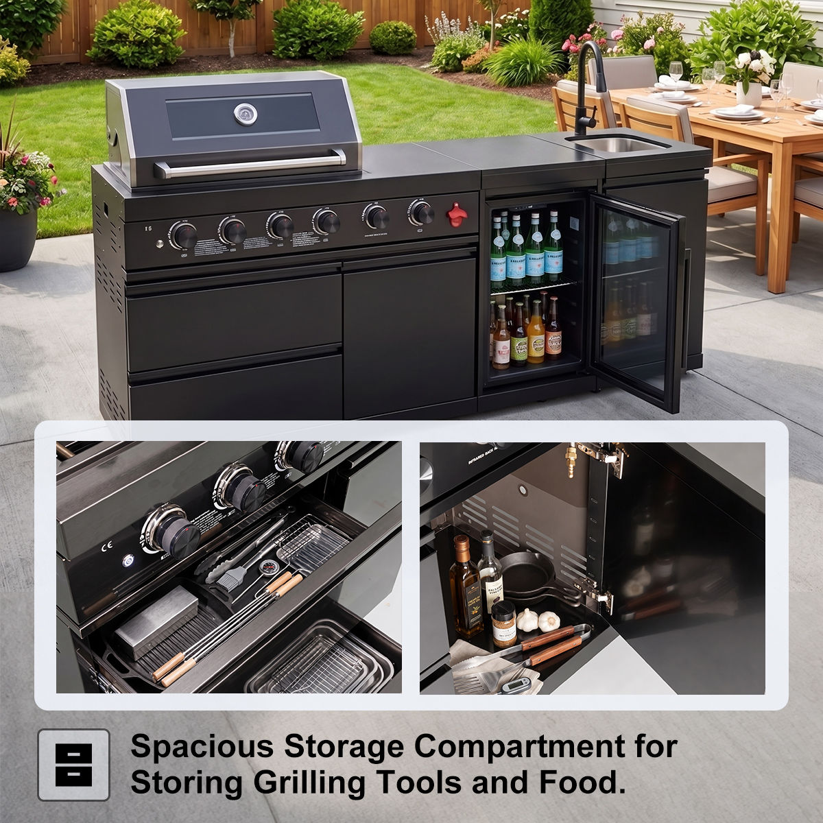 82" 6-Burner 85,000 BTU Gas Outdoor Kitchen Island Grill Stainless Steel Sink Wine Cooler